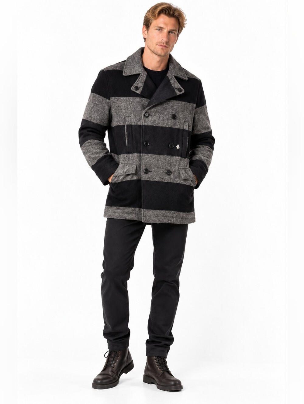 Volcom Men's Striped Double-Breasted Peacoat - Black & Gray